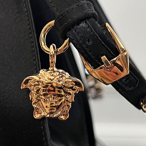 Versace Medusa Aevitas Black Satin Crystal Logo Charm Platform Runway Pumps - Picture 14 of 16